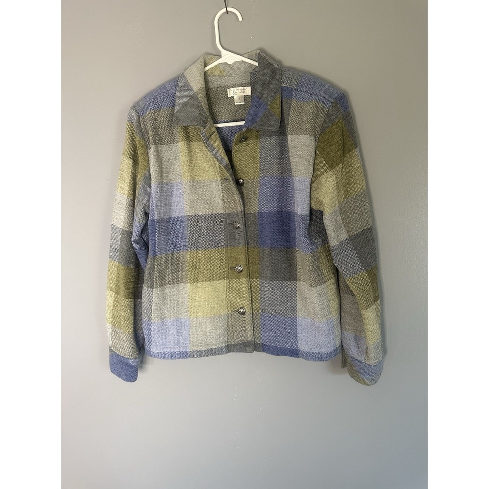 Christopher & Banks Women's Plaid Button Front Jacket Blue Green Gray Size S